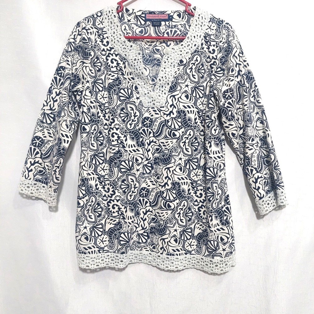 Vineyard Vines Womens Medium Nautical Paisley Print Blouse Pullover Crochet Lace